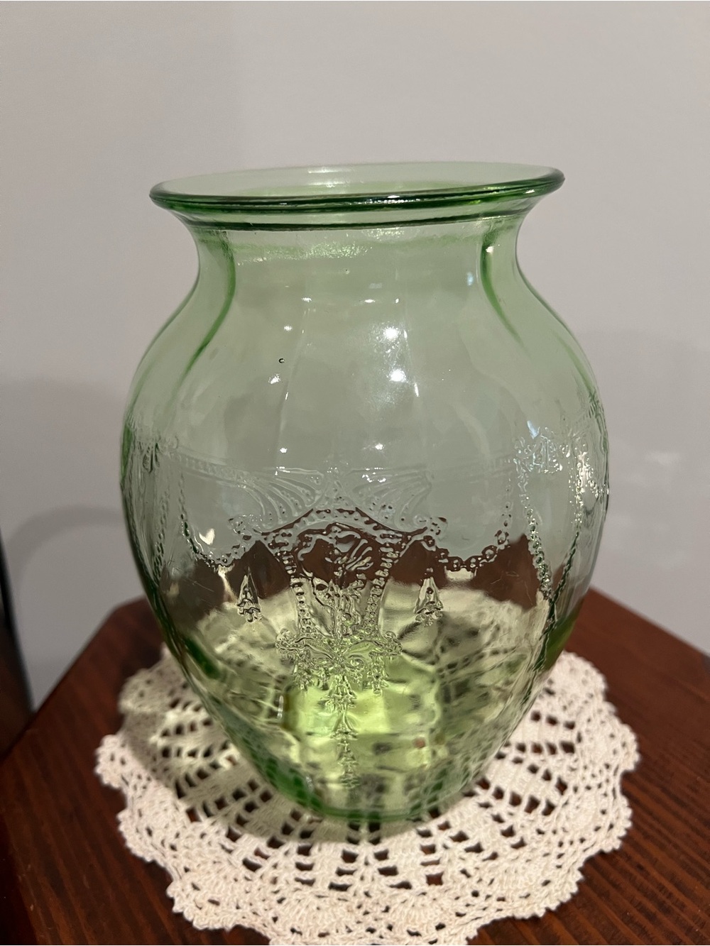 Vintage cameo ballerina, depression, green uranium, 8” glass vase